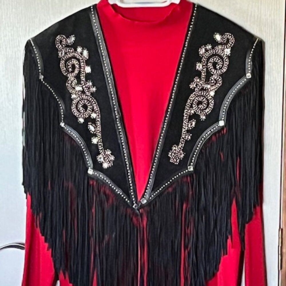 Western Black Leather Shawl with Fringe, Silver Studding and Clear Rhinestones